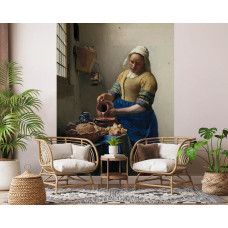 Fototapete in einem Geschäftsraum mit dem ikonischen Gemälde Die Milchmagd von Vermeer.