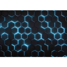 Fotobehang hexagon blue neon met geometrisch patroon en felle blauwe neonlijnen tegen een donkere achtergrond.