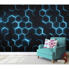 Fotobehang hexagon blue neon in een woonkamer, waar het neonpatroon een moderne en futuristische blikvanger vormt.