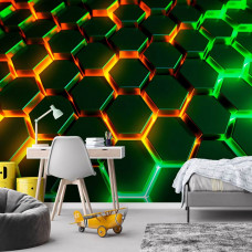 Fotobehang met hexagonpatroon en cyberlichteffect, toegepast in een gamekamer met een strakke en digitale uitstraling.