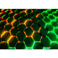Fotobehang met 3D-zeshoeken in neonkleuren groen, oranje en geel met futuristische lichtaccenten.