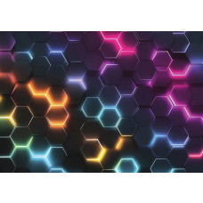 Fotobehang hexagon rainbow met neon zeshoeken in felle regenboogkleuren tegen een donkere achtergrond.
