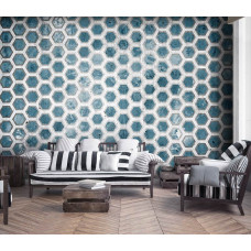 Fototapete mit blauen Sechseckfliesen mit 3D-Effekt im Wohnzimmer.