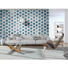 Fototapete mit blauen Sechseckfliesen mit 3D-Effekt im Wohnzimmer.
