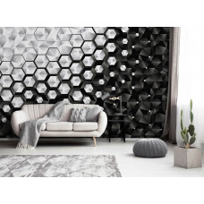 Fototapete mit geometrischen silbernen Sechsecken, ideal um Tiefe im Wohnzimmer zu schaffen.