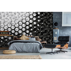 Fototapete mit einem silbernen Sechseckmuster im 3D-Stil, verleiht dem Schlafzimmer einen futuristischen Touch.