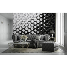 Fototapete mit silbernen Sechseckmotiven, bietet einen modernen Look im Wohnzimmer.
