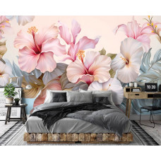 Eine Fototapete mit einem Hibiskus-Gemälde mit Blumen und Pflanzen in einem Schlafzimmer auf Vliestapete.