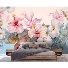 Eine Fototapete mit einem Hibiskus-Gemälde mit Blumen und Pflanzen in einem Wohnzimmer und Schlafzimmer mit sanften Tönen.