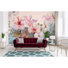 Eine Fototapete mit einem Hibiskus-Gemälde mit Blumen und Pflanzen im Wohnzimmer.