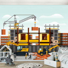 Eine Fototapete mit Kränen und Gebäuden für das Babyzimmer.