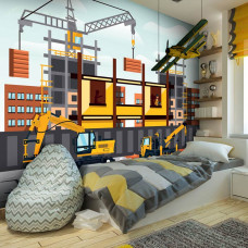Eine Fototapete mit Kränen und Gebäuden für das Kinderzimmer.