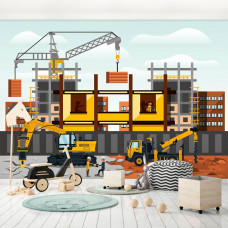 Eine Fototapete mit Kränen und Gebäuden für das Spielzimmer.