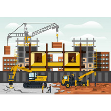 Fototapete mit Kränen und Gebäuden, Industrieatmosphäre.