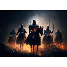 Historische Ritter auf Pferden in vollem Galopp auf einer epischen Fototapete, perfekt für Fans von mittelalterlichen Abenteuern.