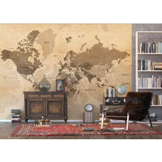 Eine Vintage-Fototapete mit einer historischen Weltkarte im Retro-Stil, ideal für ein Wohnzimmer mit klassischem Look.