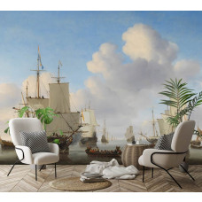 Ein Geschäftsraum mit einer Fototapete mit holländischen Kriegsschiffen auf einem ruhigen Meer, mit gehissten Segeln und einem Kutter unter Trompetenschall, inspiriert von Willem van de Velde II’s Meisterwerk.