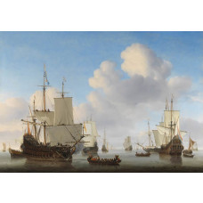 Fototapete mit holländischen Kriegsschiffen auf einem ruhigen Meer, mit gehissten Segeln und einem Kutter unter Trompetenschall, inspiriert von Willem van de Velde II’s Meisterwerk.