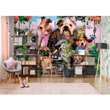 Eine Fototapete mit festlichen Hunden im Karnevalsstil, perfekt für ein Schlafzimmer.