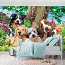 Eine Fototapete mit Welpen und Schmetterlingen in einer lustigen Tierchaos-Komposition, ideal für ein Kinderzimmer.