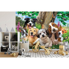 Eine Fototapete mit niedlichen Welpen und Schmetterlingen in einer lustigen Umgebung für Kinder.