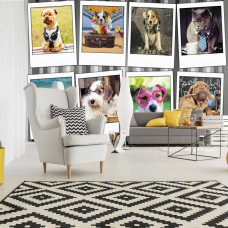Fototapete mit einer Collage aus Hunden und Katzen, perfekt für das Wohnzimmer.