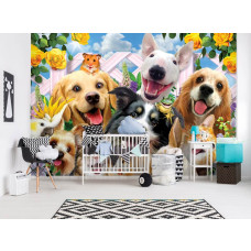 Eine Fototapete mit Hunden und Katzen in einem fröhlichen Selfie-Arrangement, ideal für ein Babyzimmer.