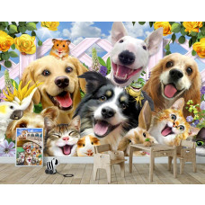 Eine Fototapete mit Haustieren in einem lustigen Stil, geeignet für ein Kinderzimmer.