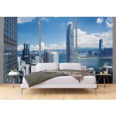 Eine Fototapete von Hongkong Stadtansicht mit 3D-Fensteransicht für das Schlafzimmer.