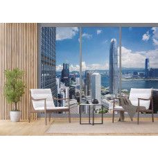 Eine Fototapete von Hongkong Stadtansicht mit 3D-Fensteransicht für das Wohnzimmer.
