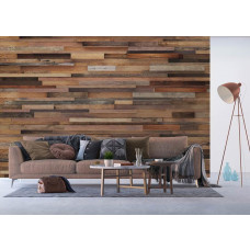 Eine Fototapete mit horizontalen Holzbrettern, die ideal ist, um eine gemütliche Atmosphäre in einem Wohnzimmer zu schaffen.