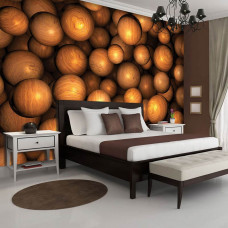 Eine Fototapete mit runden Holzkugeln in einem künstlerischen Muster.