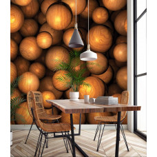 Eine Fototapete mit braunen Holzkugeln in einem abstrakten Kunstdesign für die Küche.