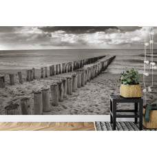 Eine Fototapete mit einer stimmungsvollen Strandlandschaft in Schwarz-Weiß, ideal für eine Küche.