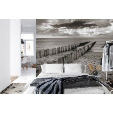 Eine Fototapete mit einer beruhigenden Strandszene in Schwarz-Weiß, geeignet für ein Schlafzimmer.