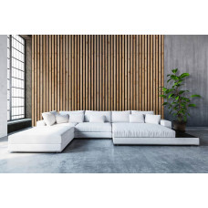 Eine Fototapete mit Holzpanelen und akustischer Textur, dargestellt in einem gemütlichen Wohnraum.