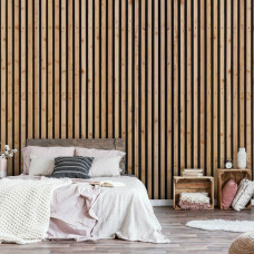 Eine Fototapete mit Holzpanelen in einem akustischen Design, ideal für ein ruhiges Schlafzimmer.
