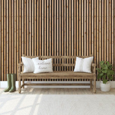 Eine Fototapete mit Holzpanelen und akustischem Design, geeignet für das Wohnzimmer.