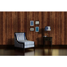 Eine Fototapete mit einer abstrakten Darstellung von Holzplanken in einem Wohnzimmer.