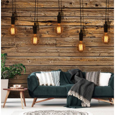 Eine Fototapete mit Holzregalen, Lampen und Leuchten im industriellen Stil für das Wohnzimmer.