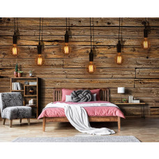 Eine Fototapete mit Holzregalen, Lampen und Leuchten im industriellen Stil für das Schlafzimmer.