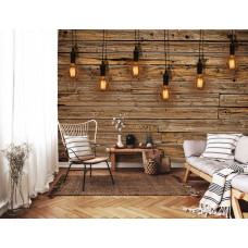 Eine Fototapete mit Holzregalen, Lampen und Leuchten im industriellen Stil für das Wohnzimmer.