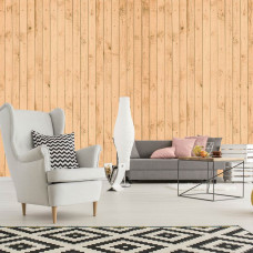 Eine Fototapete mit Holzregalen in einem rustikalen Stil für das Wohnzimmer.