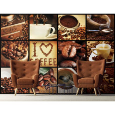 Eine Fototapete mit einer Kaffee-Collage, geeignet für das Wohnzimmer.