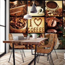 Eine Fototapete mit einer Collage aus Kaffeebohnen, Cappuccino und Kaffee, ideal für eine Café-Atmosphäre.