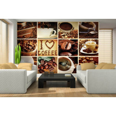 Eine Fototapete mit einer weißen Collage aus Kaffeebohnen im Wohnzimmer.