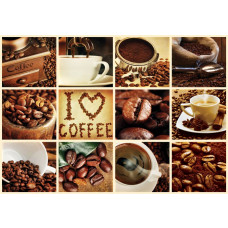 Kaffee-Collage mit weißem Rahmen, Fototapete mit Kaffeebohnen und einem modernen und verspielten Look.