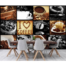 Eine Fototapete mit einer Collage aus schwarzen Kaffeebohnen für das Esszimmer.