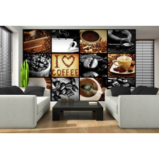 Eine Fototapete mit einer schwarzen Kaffee-Cappuccino-Collage für das Wohnzimmer.