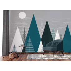 Eine Fototapete mit einer Illustration von Bergen in einem Wohnzimmer mit Airtex.